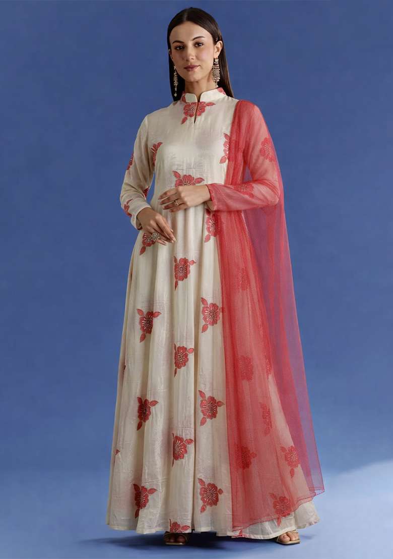 Peach Embroidered Crepe Anarkali Set - Indya