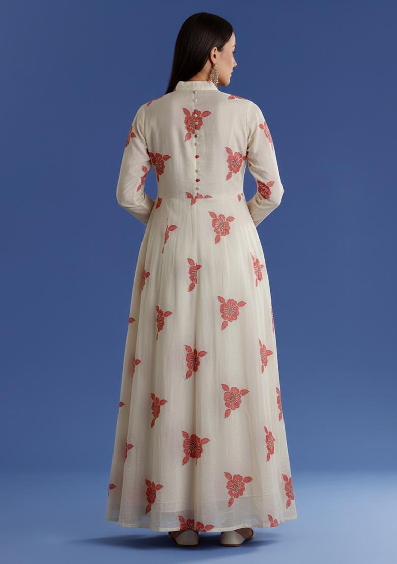 Peach Embroidered Crepe Anarkali Set - Indya