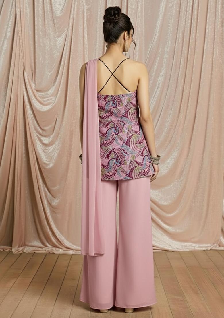 Floral Pink Printed Crepe Sharara Set - Indya