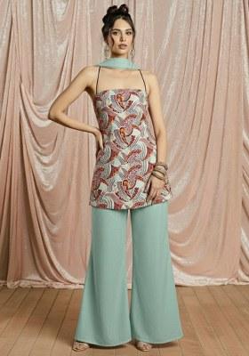 Mint Green Printed Crepe Sharara Set