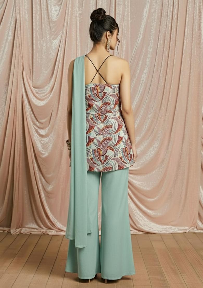 Mint Green Printed Crepe Sharara Set - Indya