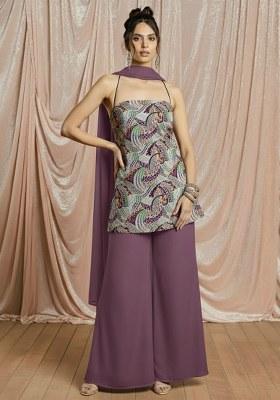 Dusty Plum Printed Crepe Sharara Set