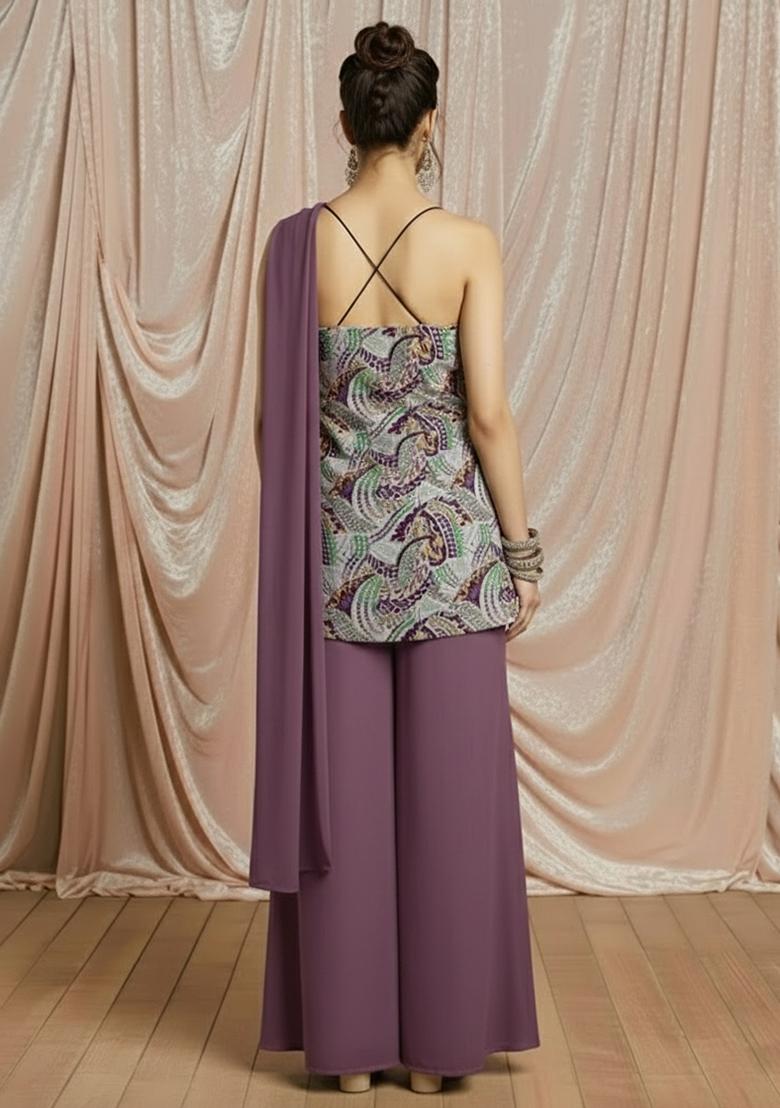 Dusty Plum Printed Crepe Sharara Set - Indya