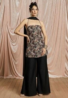 Classic Black Printed Crepe Sharara Set