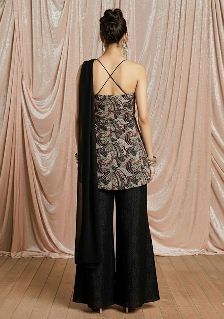 Classic Black Printed Crepe Sharara Set - Indya