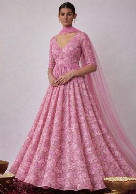 Blush Pink Embroidery Net Anarkali Set