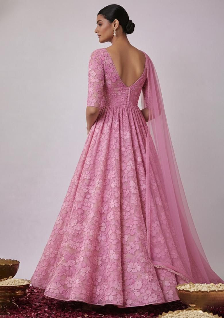Blush Pink Embroidery Net Anarkali Set - Indya