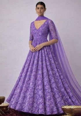 Lavender Purple Embroidery Net Anarkali Set