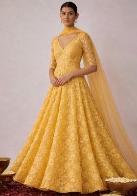 Marigold Yellow Embroidery Net Anarkali Set