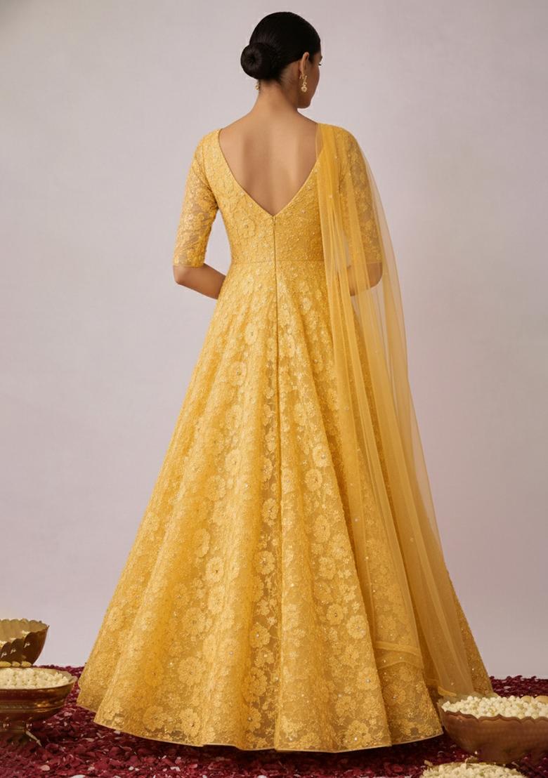 Marigold Yellow Embroidery Net Anarkali Set - Indya