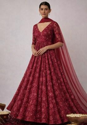 Burgundy Embroidery Net Anarkali Set