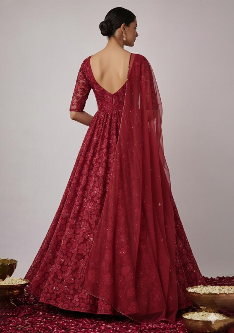 Burgundy Embroidery Net Anarkali Set - Indya