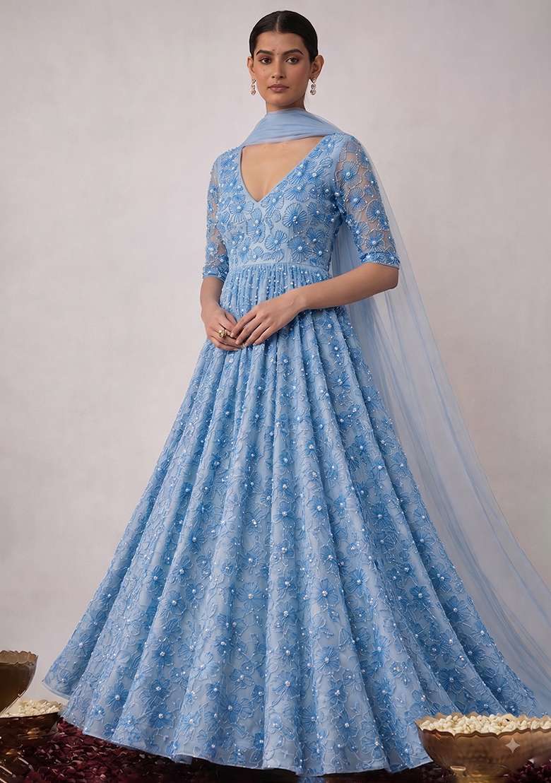 Sky Blue Embroidery Net Anarkali Set - Indya