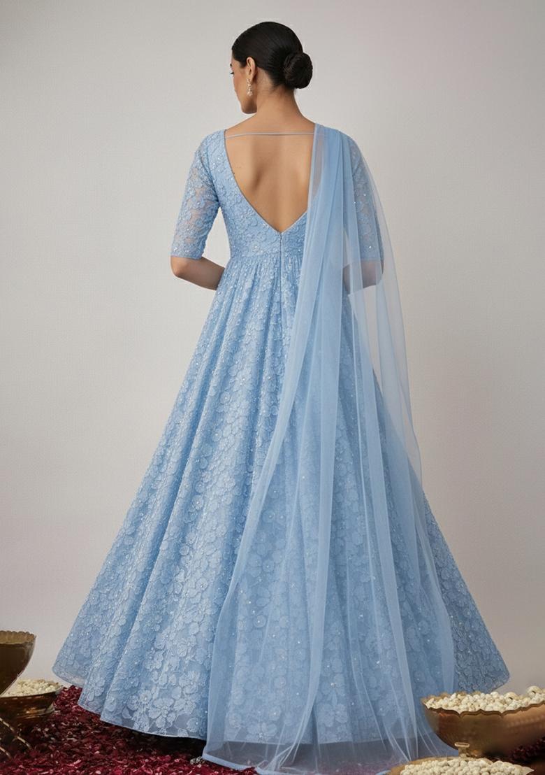 Sky Blue Embroidery Net Anarkali Set - Indya