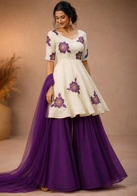 Purple Embroidery Viscose Crepe Sharara Set