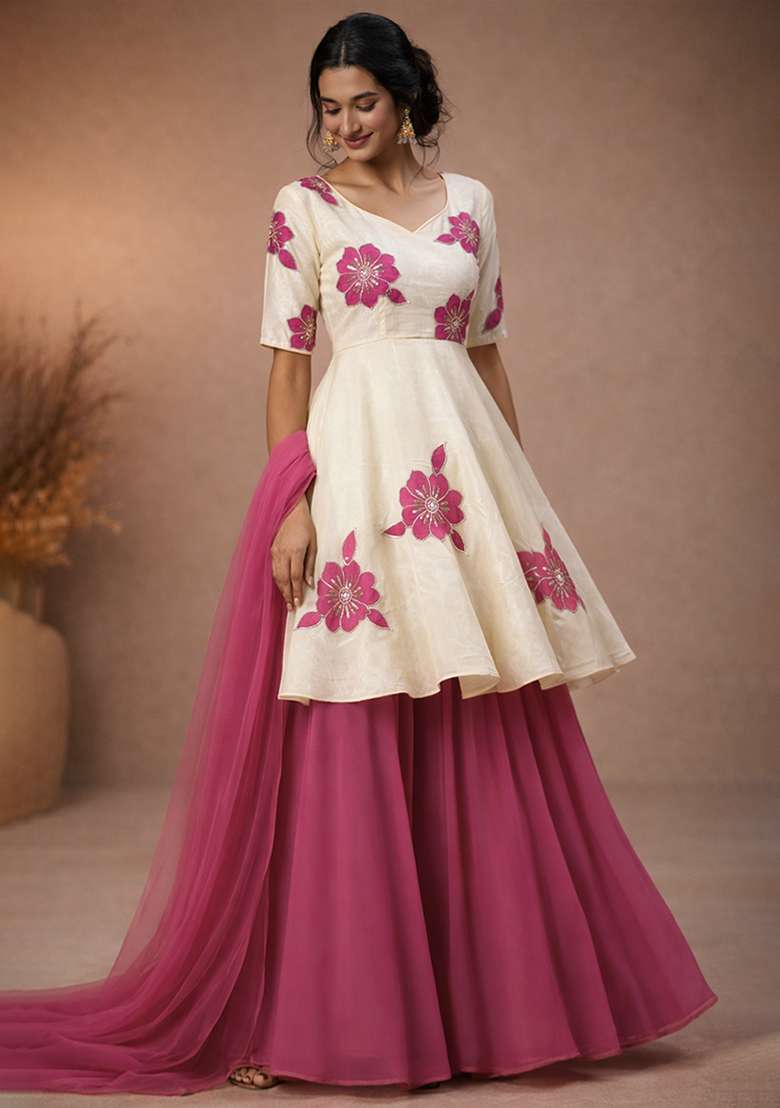 Pink Embroidery Viscose Crepe Sharara Set - Indya