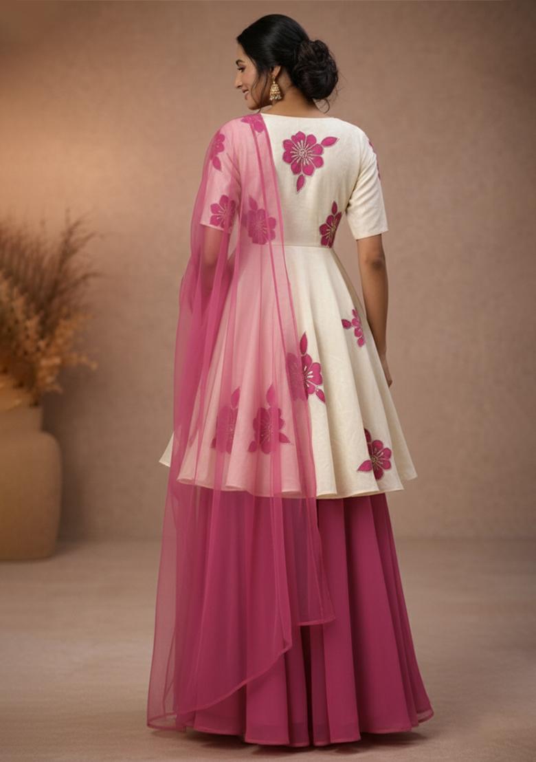 Pink Embroidery Viscose Crepe Sharara Set - Indya