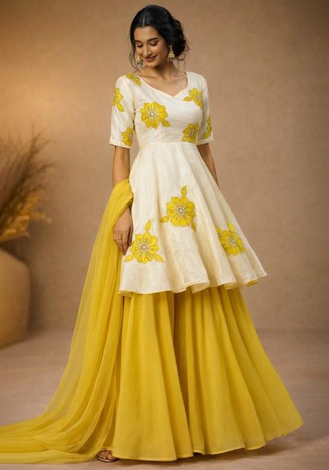 Bright Yellow Embroidery Viscose Crepe Sharara Set