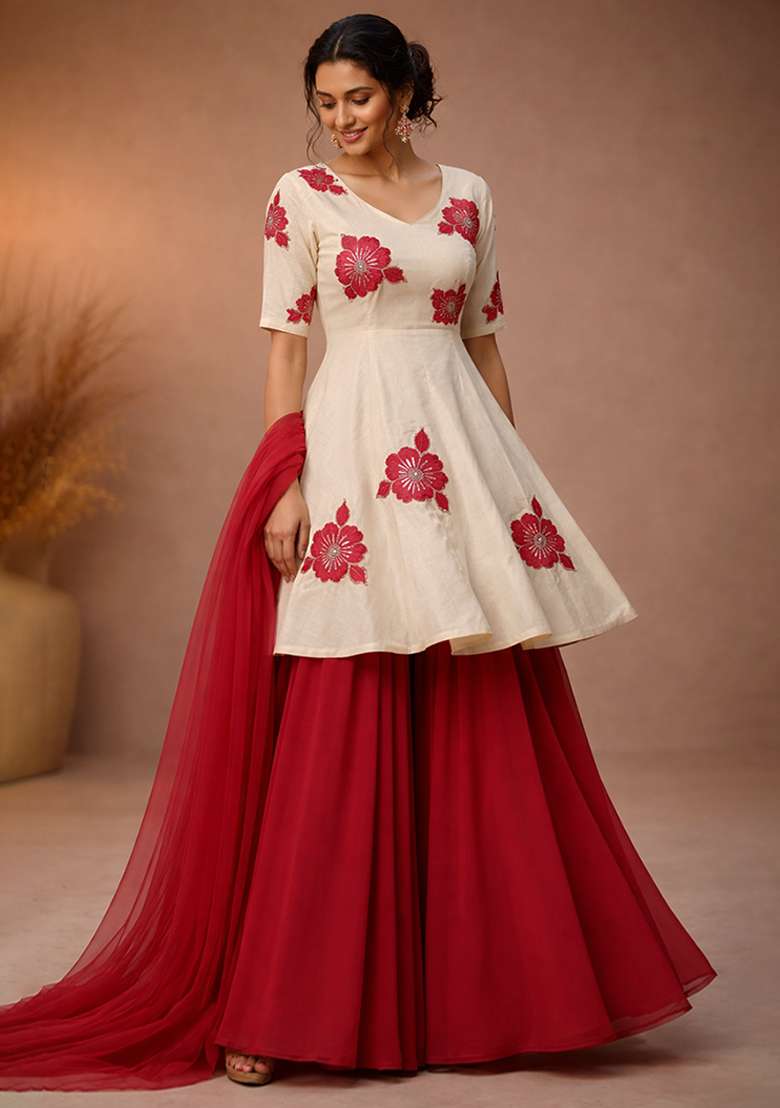Crimson Red Embroidery Viscose Crepe Sharara Set - Indya