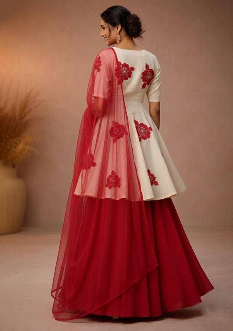 Crimson Red Embroidery Viscose Crepe Sharara Set - Indya