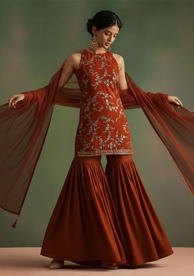 Pink Printed Crepe Sharara Set - Indya