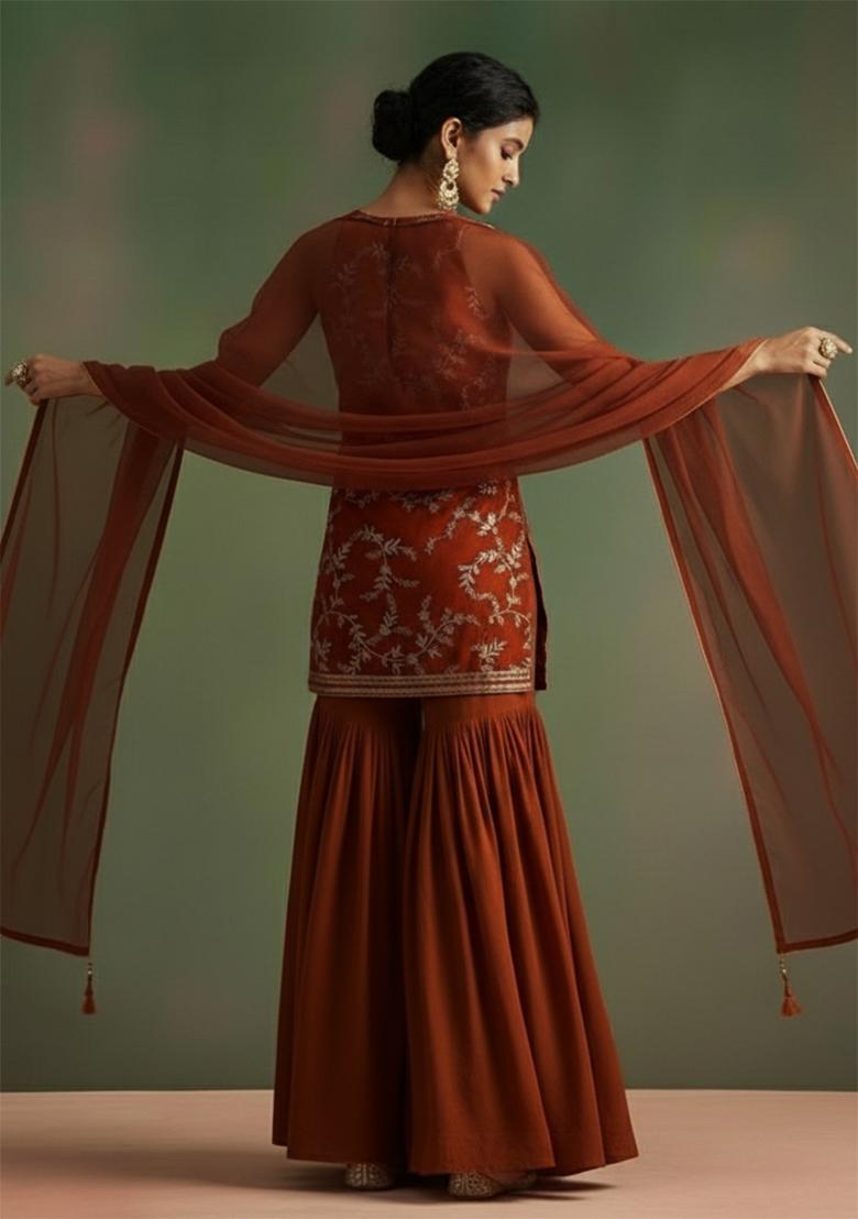 Pink Printed Crepe Sharara Set - Indya