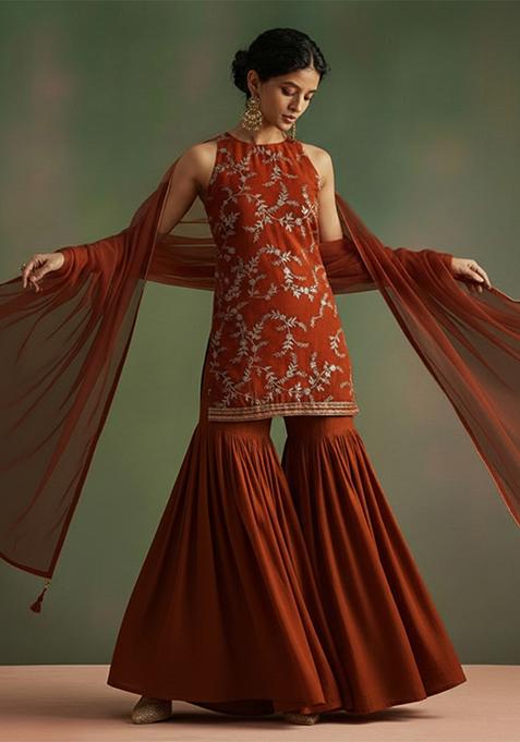 Pink Printed Crepe Sharara Set