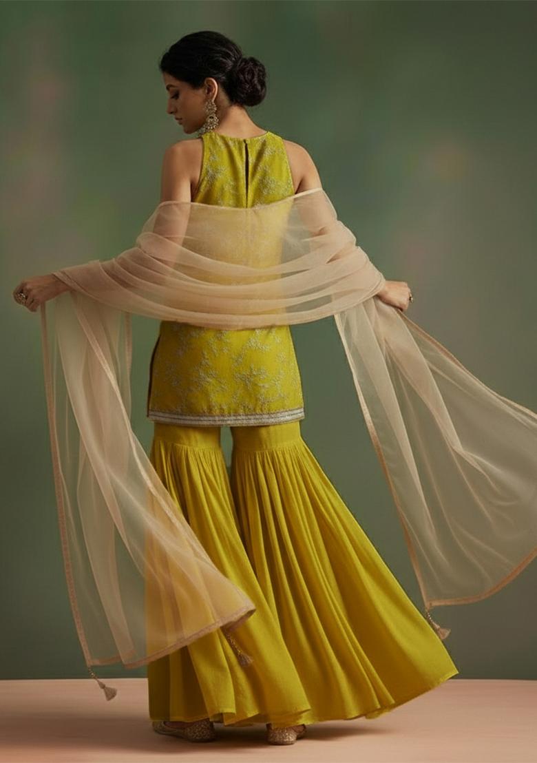 Light Green Printed Crepe Sharara Set - Indya