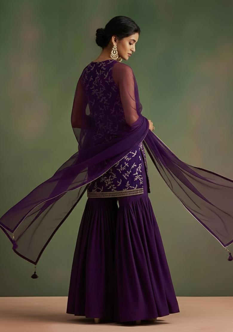 Purple Printed Crepe Sharara Set - Indya