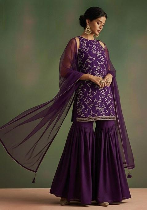 Purple Printed Crepe Sharara Set