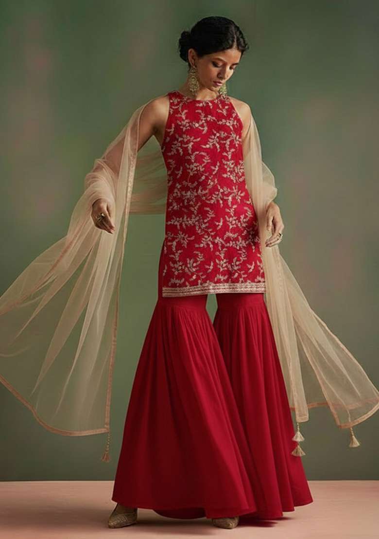 Red Printed Crepe Sharara Set - Indya