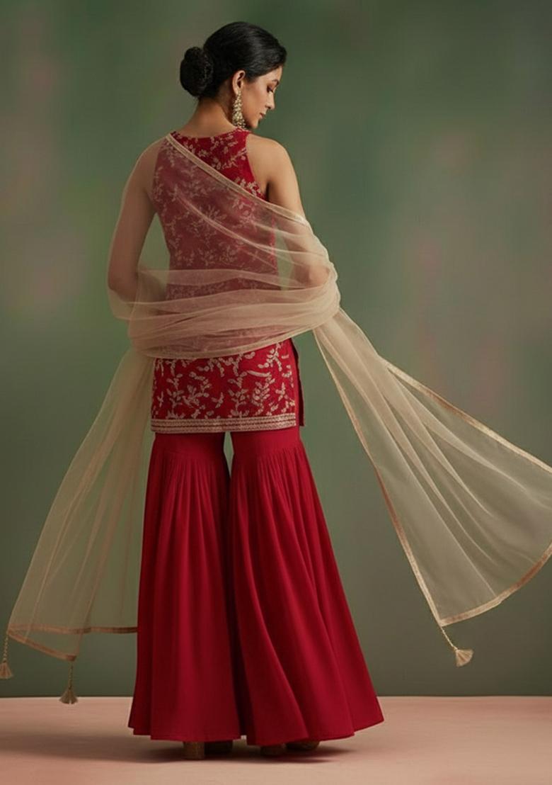 Red Printed Crepe Sharara Set - Indya