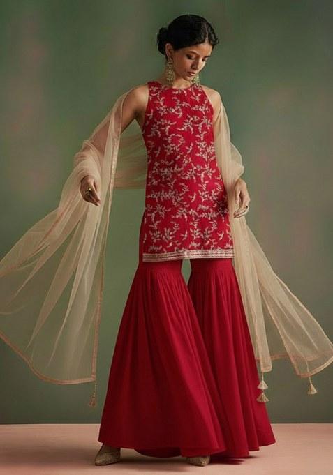 Red Printed Crepe Sharara Set