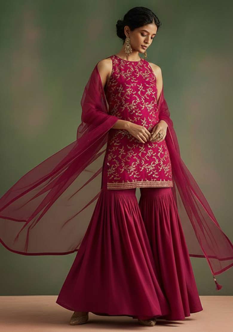 Rust Orange Printed Crepe Sharara Set - Indya