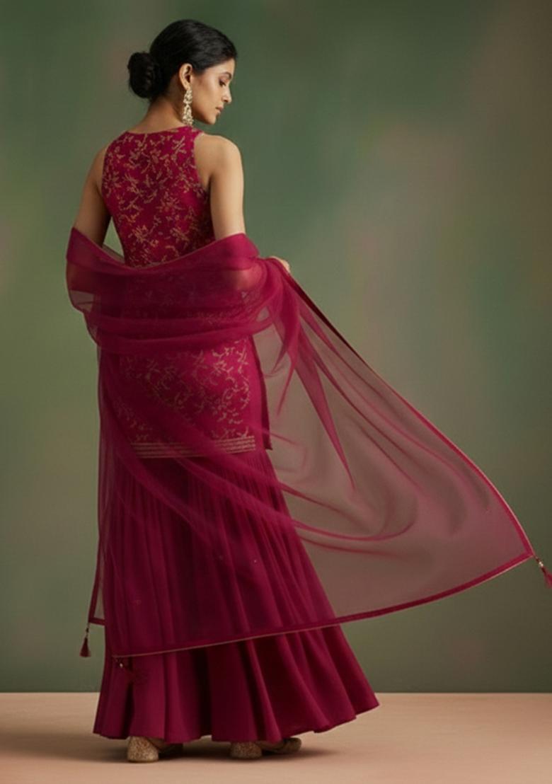 Rust Orange Printed Crepe Sharara Set - Indya