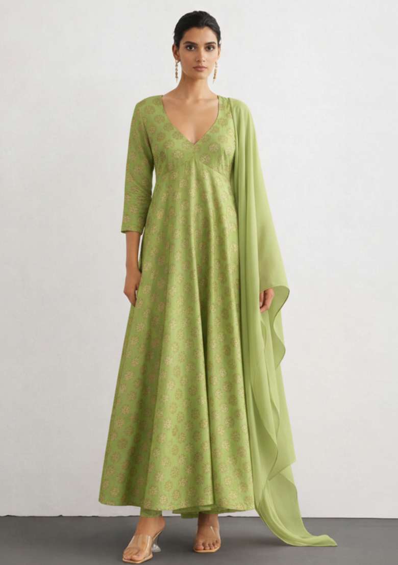 Green Printed Brocade Anarkali Set - Indya