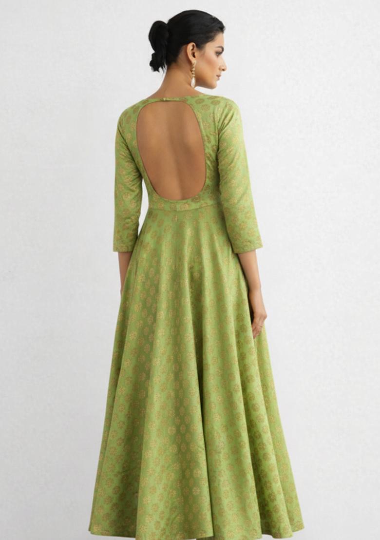 Green Printed Brocade Anarkali Set - Indya