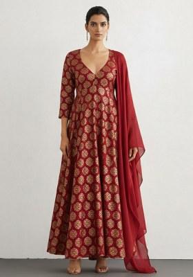 Maroon Printed Brocade Anarkali Set