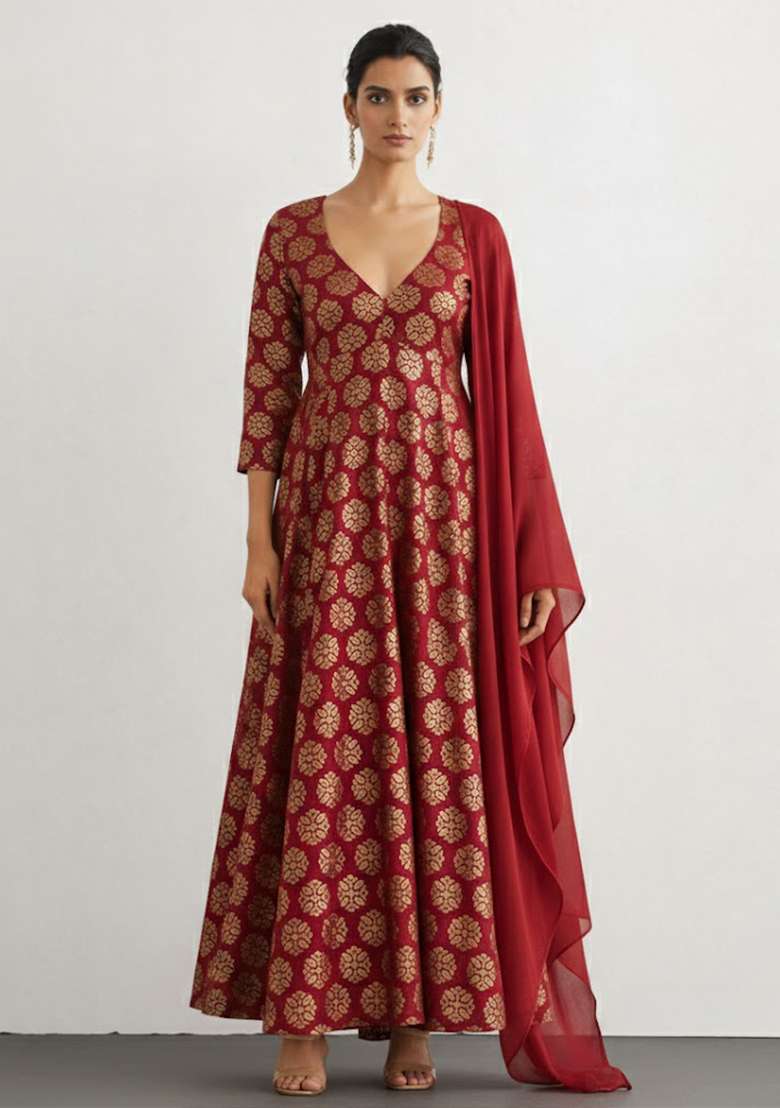 Maroon Printed Brocade Anarkali Set - Indya