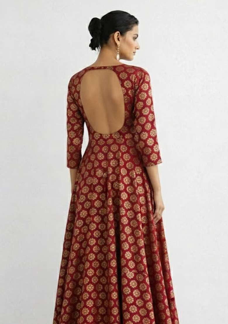Maroon Printed Brocade Anarkali Set - Indya