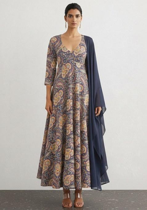 Navy Blue Printed Silk Anarkali Set