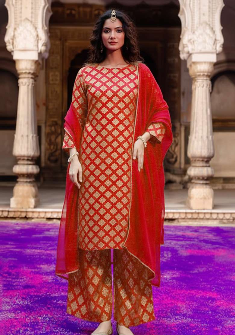 Deep Red Zari Work Brocade Pakistani Suit Set - Indya