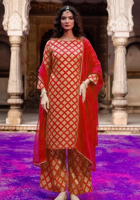 Deep Red Zari Work Brocade Pakistani Suit Set