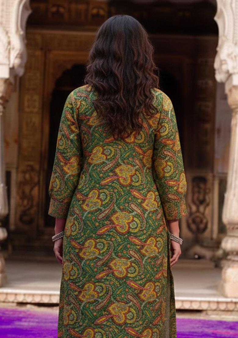 Green Printed Silk Kurta Set - Indya