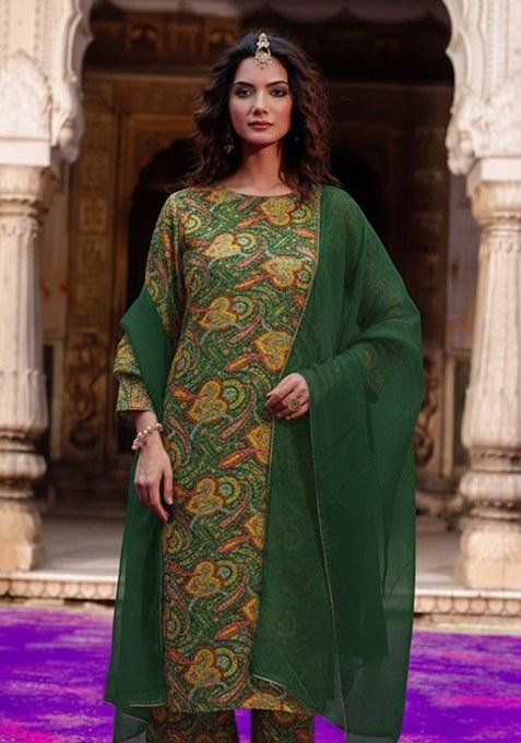 Green Printed Silk Straight Kurta Set