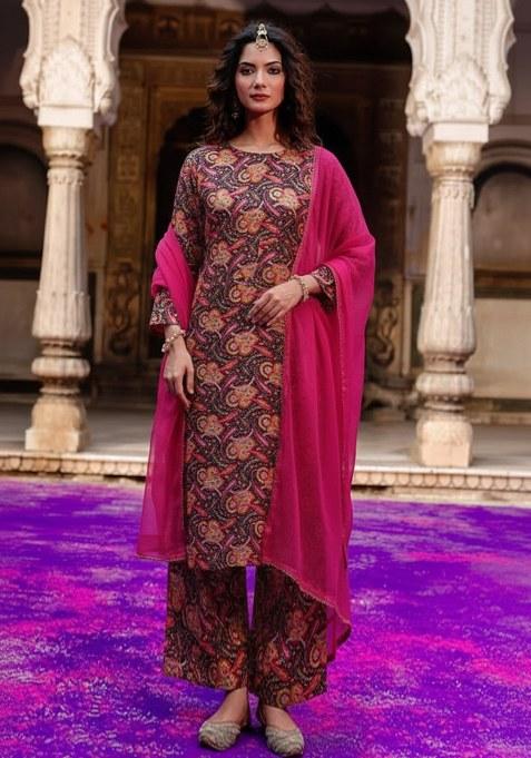 Maroon Printed Silk Straight Kurta Set