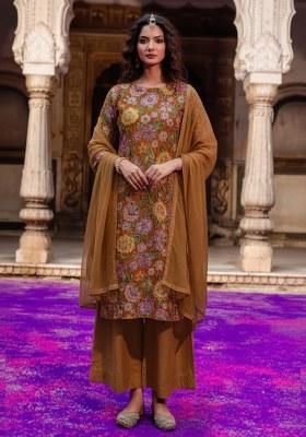 Brown Printed Crepe Kurta Set