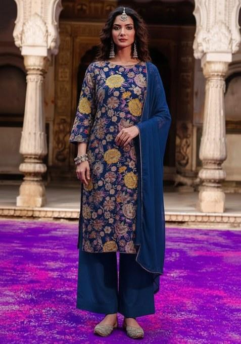 Blue Embroidered Crepe Straight Kurta Set