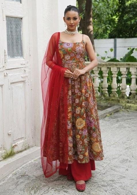 Brown Embroidered Crepe Anarkali Set