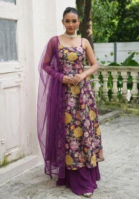 Purple Printed Crepe Kurta Set